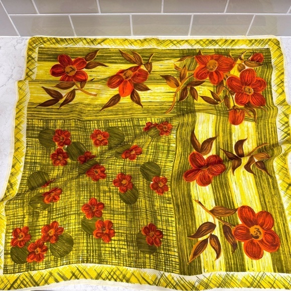 Vintage Accessories - Vintage Floral Geometric Pattern Square Scarf Yellow MCM